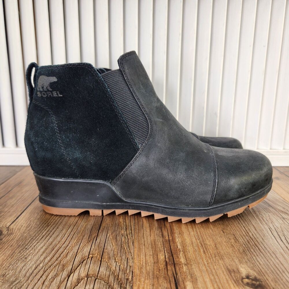 Sorel Evie Pull-On Hidden Wedge Chelsea Boots Womens Size 9 Black Leather Ankle
